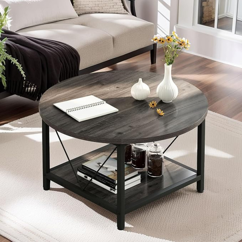 DWVO ümmargune kohvilaud, 2-astmeline elutoa laud, tööstuslik kohvilaud avatud hoiuriiuliga, puidust kohvilaud metallraamiga, lihtne kokkupanek, hall