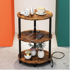 RISWER Väike ümmargune küljelaud - 3-tasandiline ovaalne akendelaud väikestesse ruumidesse, rustikaalne puidust ja metallist öökapp elutuppa või magamistuppa koos sisseehitatud USB-pistikutega ja