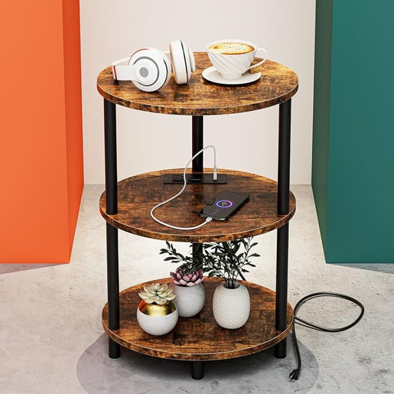 RISWER Väike ümmargune küljelaud - 3-tasandiline ovaalne akendelaud väikestesse ruumidesse, rustikaalne puidust ja metallist öökapp elutuppa või magamistuppa koos sisseehitatud USB-pistikutega ja