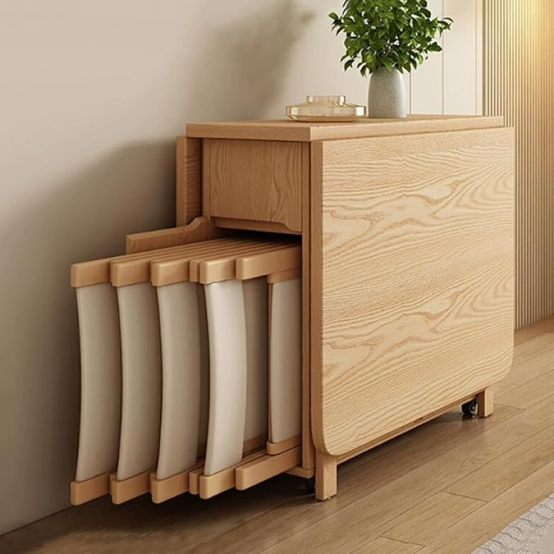 XHKJYSDP kokkupandav söögilaudade komplekt, ruumi säästev pikendatav kokkupandav laud, liigutatav täispuidust söögilaud 4 tooliga ja ratastega kööki, söögituppa ja elutuppa, 1,5 m, puidust