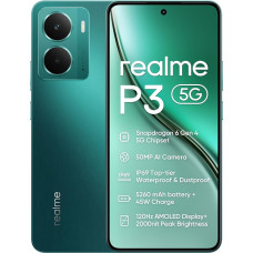 realme P3 5G nutitelefon, 8 + 256 GB, 5260 mAh aku, 45 W laadimine, Snapdragon 6 Gen 4 kiibistik, 50 MP AI kaamera, 2000 nitti Pro-Esports 120 Hz ekraan, IP69, roheline (ilma adapterita)