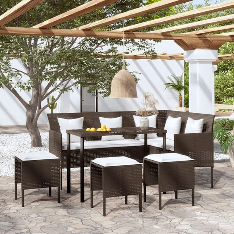 5-TLG. Sofagarnitur in L-Form mit Kissen, Lounge Sofa Outdoor, Garten Loungemöbel, Gartensofa, Gartenlounge, Balkon Set Möbel, Poly Rattan Braun