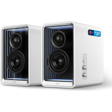 EDIFIER QR65 aktiivse disainiga monitorikõlarid (70 W) RGB valgusefektidega, 3x USB TurboGaN kiirlaadimispordi ja subwooferi väljundiga, valge