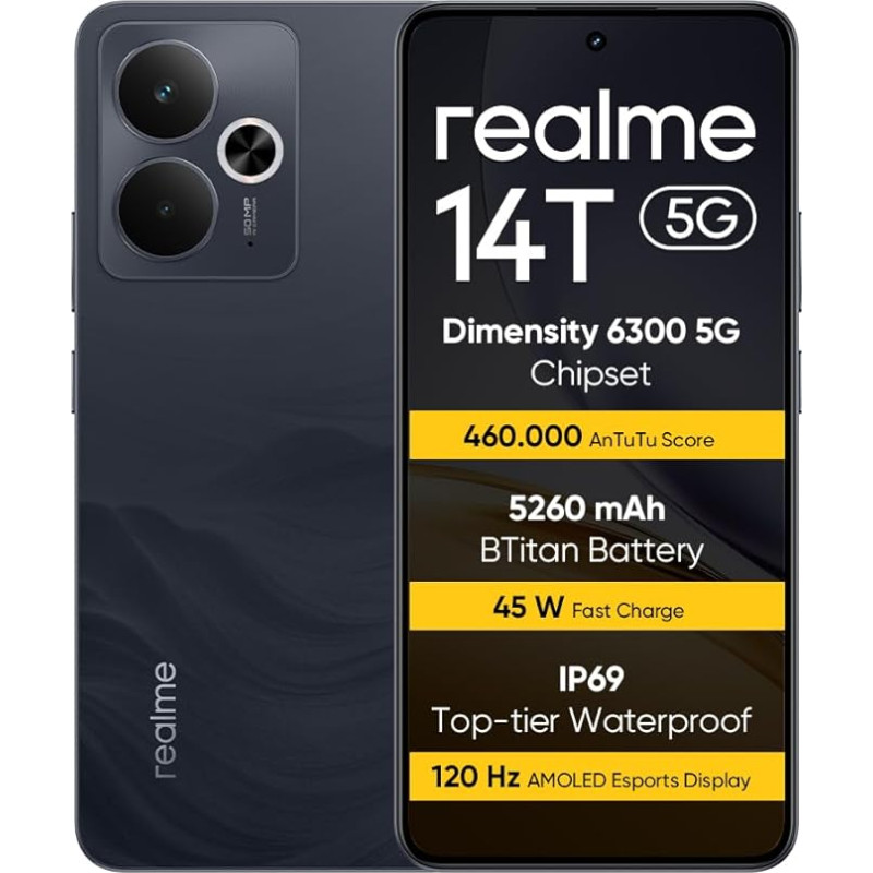 realme Dimensity 6300 5G kiibistik, 14T 5G nutitelefon 8 + 256 GB, 6000 mAh Titanium aku, 45 W kiirlaadimine, 120 Hz AMOLED Esports ekraan, IP69, NFC, must RR (ilma adapterita)