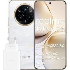 realme 14 Pro+ 5G Android nutitelefon, 8+ 256 GB, Sony IMX896 OIS kaamera, trendikas disain muutuvate värvidega, IP69, 6,83-tolline 120 Hz ekraan, 5260 mAh aku, valge (koos adapteriga)