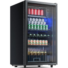 TRIUMPHKEY Beverage Refrigerator, 85 Litre Small Fridge with Blue LED Lighting, with Full Glass Door Beer Fridge, with 4 Shelves and Bottle Rack for Soda/Beer/Wine
