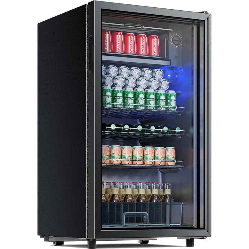 TRIUMPHKEY Beverage Refrigerator, 85 Litre Small Fridge with Blue LED Lighting, with Full Glass Door Beer Fridge, with 4 Shelves and Bottle Rack for Soda/Beer/Wine