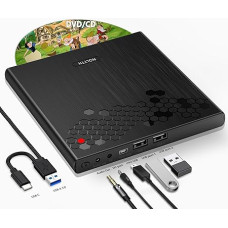 NOLYTH External CD Drive for Laptop: USB C DVD Drive External with 1 Audio 2 USB Slots - Portable Slot-in Burner with Eject Button Plug & Play for Mac MacBook PC Windows 11