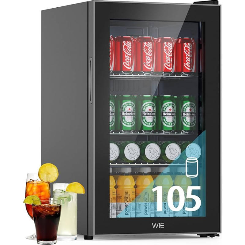 WIE Mini Fridge Drinks Fridge 70 Litres with Double Glass Door with Adjustable Shelves Indoor Outdoor Small Beer Fridge Quiet 105 Cans for Soda/Beer/Wine for Home/Kitchen/Bar/Office