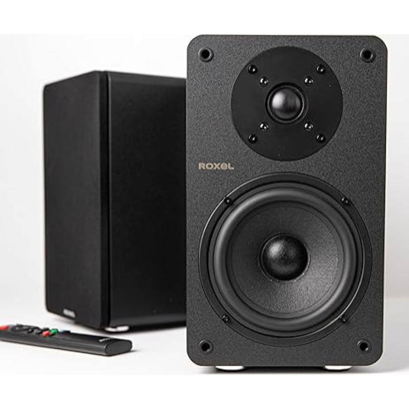 Roxel Onyx aktiivne raamaturiiuli kõlar 100 Watt RMS, 2.0 CH, BT Wireless Stream, RCA, HDMI ARC, USB, 3 meetri kõlarikaabel, dünaamiline heli filmi, muusika, kontorikõlarid, koduteater (Onyx).