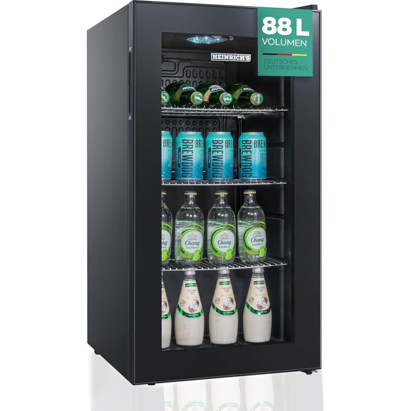 Heinrich´s HEINRICHS Drinks Fridge, Mini Fridge with Glass Door, Compact and Quiet: 40 dB, LED Interior Lighting, Perfect for Office, Camping, Garden, 4 to 18 °C, (88 Litres/3 Shelves/40 db)