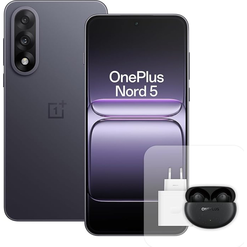 OnePlus Nord 5 nutitelefon 12GB RAM 512GB mälu, 6,83-tolline, 144Hz AMOLED, Snapdragon 8s Gen 3, 5200mAh aku, koos 80W laadijaga ja Nord Buds 3 Pro, hall