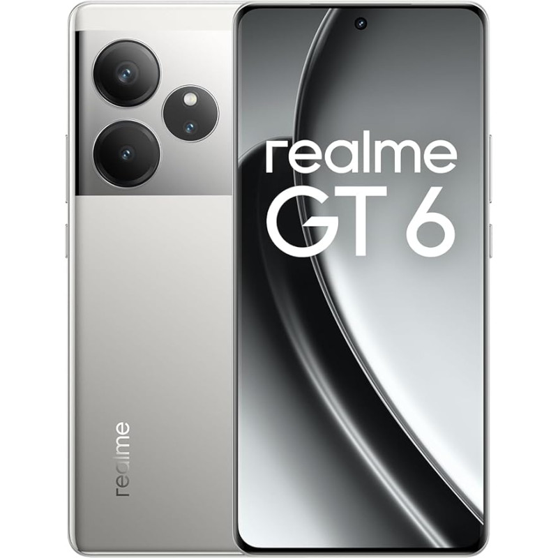 realme GT 6 5G nutitelefon, 50MP LYT-808 Cámara Principal, Snapdragon 8s Gen3 Procesador, 120Hz 6.78 Inch 6000nit Pantalla Ultra Brilliant, NFC, Dual SIM, 8+256GB, Plata (Sin Cargador)