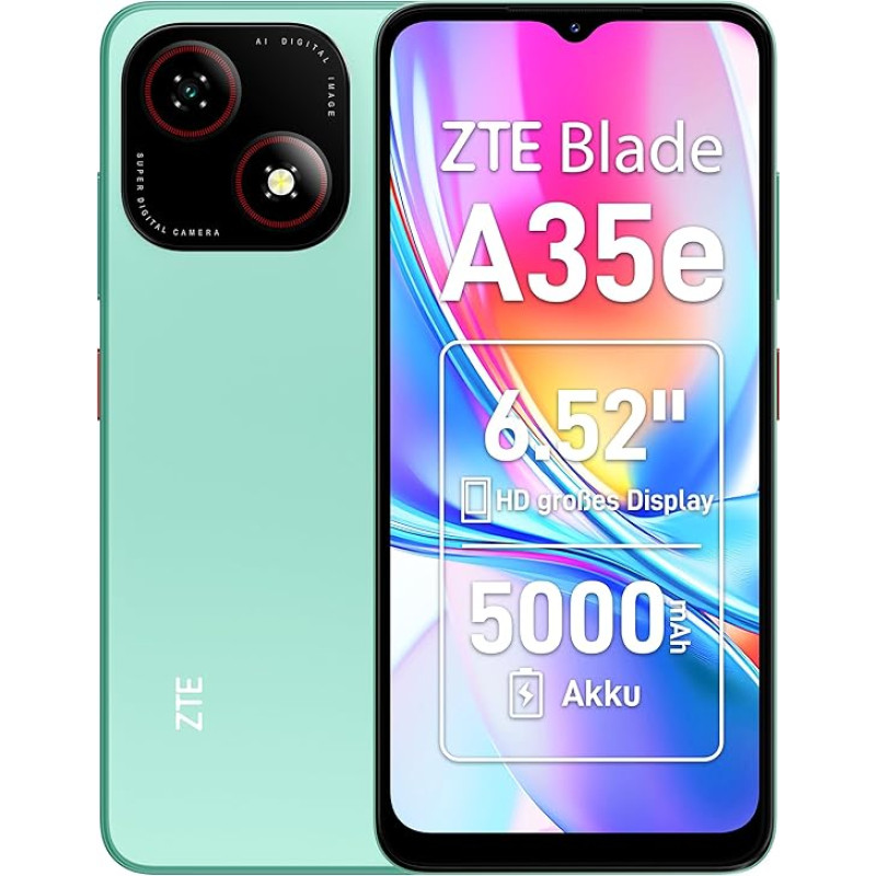 ZTE Blade A35e, Android mobiiltelefon, nutitelefon ilma lepinguta: 2 GB + 64 GB mälu, roheline, 5000 mAh aku ja 6,52-tolline HD + ekraan