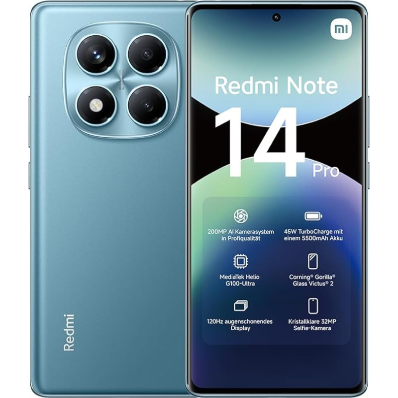 Xiaomi Redmi Note 14 Pro, nutitelefon, 8 + 256 GB, sinine, 200 MP professionaalne AI-kaamera, 5500 mAh aku, 32 MP selfie-kaamera, AI-funktsioonid (laadur ei kuulu komplekti)