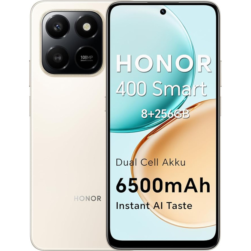 HONOR 400 Smart 4G nutitelefon Dual SIM NFC Android 15, 8+256GB, 6500mAh Dual Cell Batteria, 108MP + 2MP Con Pulsante AI Telefono, 6.77 Pollici 120 Hz Comfort Display, 5 numbriline SGS & IP65, Desert Gold