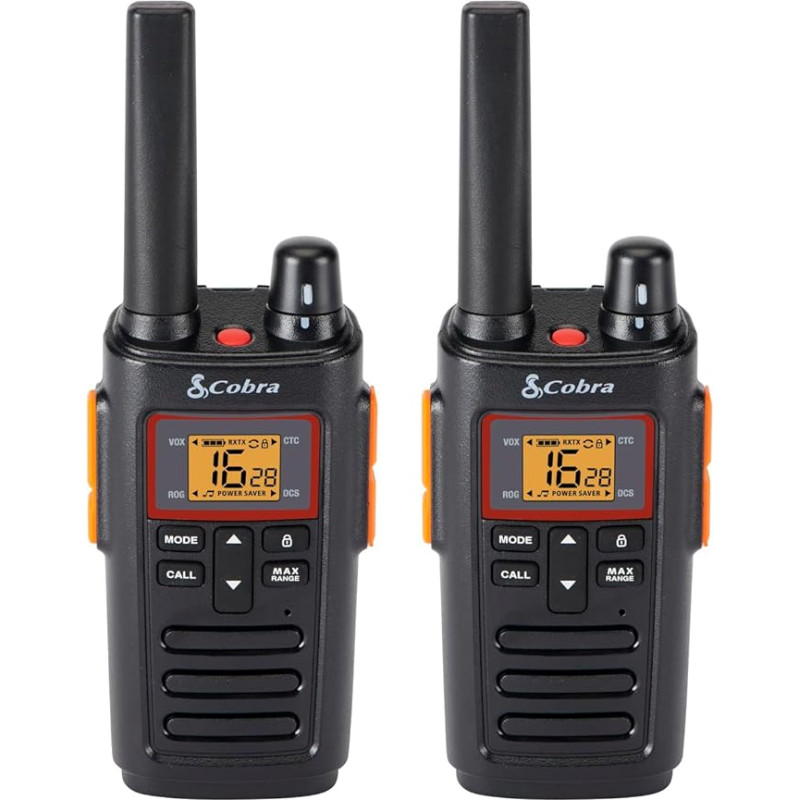Cobra RX380 Walkie Talkies (2 tk) - laetavad PMR446 raadiosidurid vaba aja veetmiseks ja äritegevuseks, 8 km raadius, IPX2 veekindlus, must ja oranž