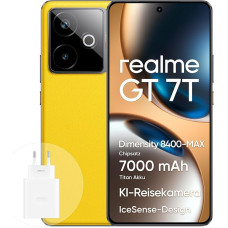 realme GT 7T nutitelefon 5G 12+512 GB, Dimensity 8400-MAX kiibistikomplekt, 7000 mAh Titanium aku, 6,78-tolline 1,5K 120Hz ekraan, AI Travel Snap kaamera, IP69, IceSense Yellow