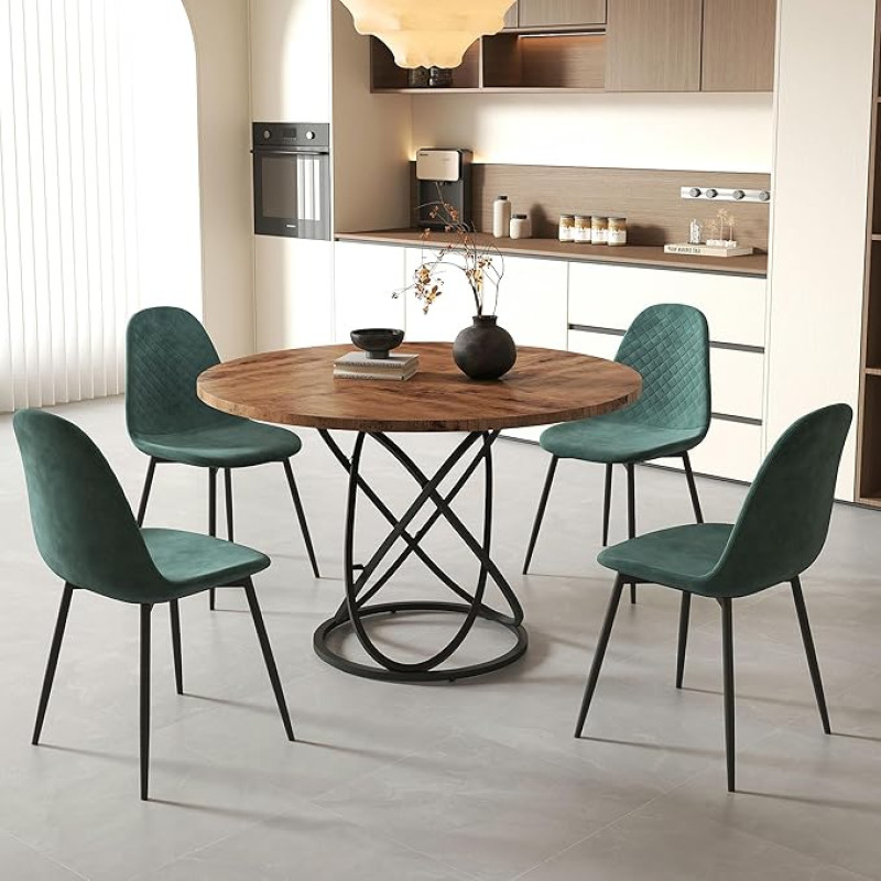 GOLDFAN söögitoa komplekt ümmarguse laua 120 cm ja 4 mugava riidest tooliga, suur laud 120 cm, ümmargune koos toolidega 4-6 inimesele (roheline)