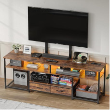 FUSOU TV kapp koos klambriga ja LED tuledega, Lowboard kuni 70-tollise teleri jaoks, TV stend 2 sahtliga, 5 avatud kambrit, TV kapp elutuppa, Vintage Brown/Must, Vintage Brown/Black