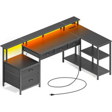 Rolanstar L-kujuline laud koos sahtlitega, pööratav mängulaud pistikupesa, LED ja monitori alusega, 163 cm, arvutilaud kontorisse, õppetööle, magamistuppa