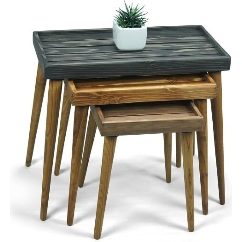 MOBENTA Rustikale Massivholz 3-teilige Nisttische mit Lattenplatten - Handgefertigtes platzsparendes Beistelltisch-Set