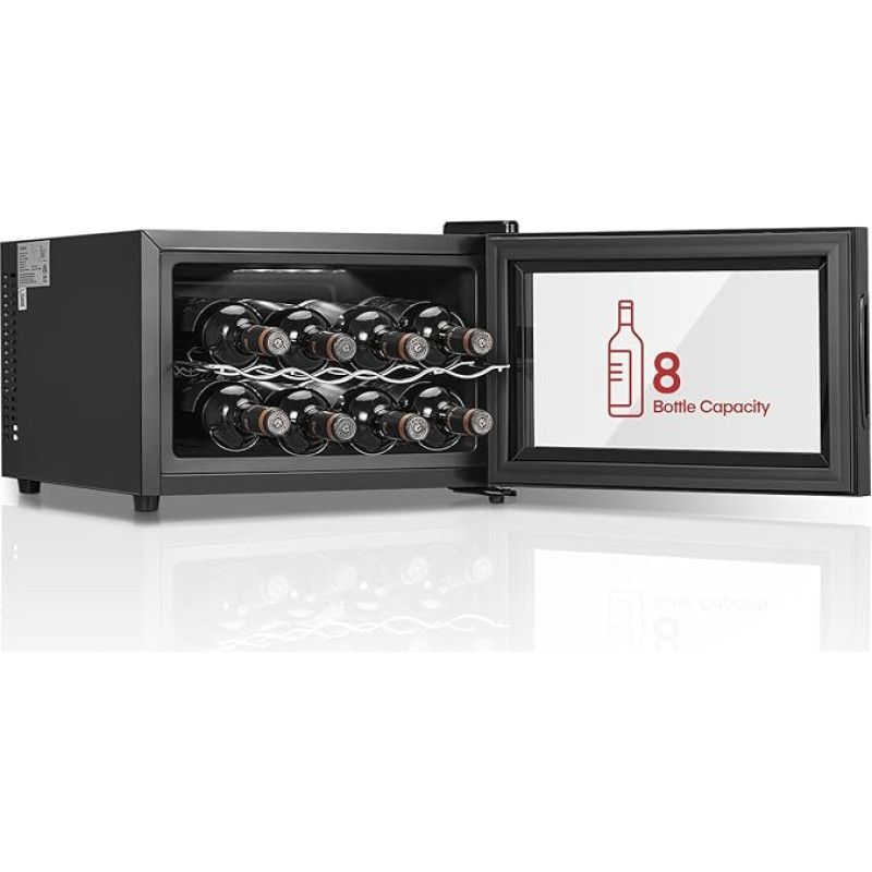 FOHERE veinikülmik 8 pudelile, klaasuksega lauaveinikülmik, 22-liitrine LED + digitaalne ekraan, klaasuksega joogikülmik, 5-18°C, ühe tsooniga