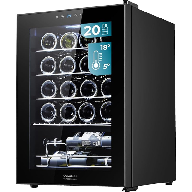 Cecotec jookide külmik - 24 pudelit Bolero GrandSommelier 2050 Must kompressor. Reguleeritav temperatuur vahemikus 5-18°C, kõrge jõudlus, vaikne töö ja vibratsioonivaba.