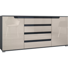 Sylt V2 Sideboard, 2 ukse ja 4 sahtliga kapp, korpus - antratsiitmatt / esiosa - liivahall kõrgläikega / liistud - must kõrgläikega (166,5 x 75,5 x 35 cm)