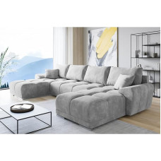 Easy London Velvet Ecsofa U-kujuline helehall - Diivan hoiuruumi ja padjadega - pikendatav diivan magamisfunktsiooniga - diivanvoodi voodikastiga - külalisvoodi - 365 x 189 cm.