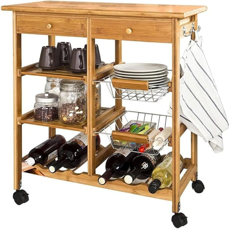 BAKAJI Bambusest puidust köögikäru koos riiuliga sahtliga Üks suurus