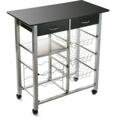 Versa Leicester köögikäru ratastega, sahtlitega ja pudeliriiuliga, köögiviljariiul, köögiriiul, mõõdud kõrgus 82 x pikkus 40 x laius 76 cm, puit ja metall, must