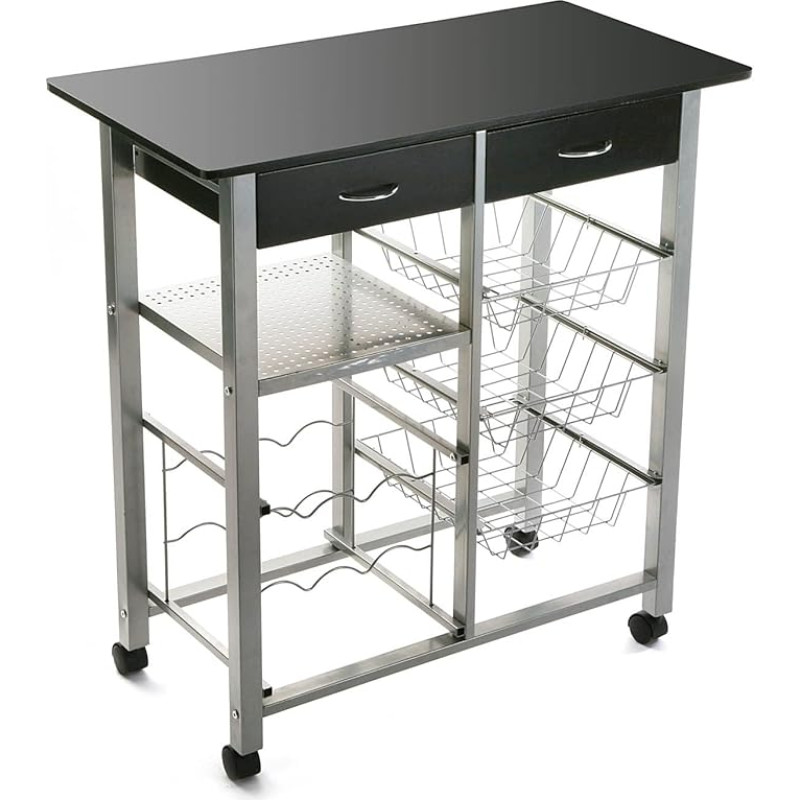 Versa Leicester köögikäru ratastega, sahtlitega ja pudeliriiuliga, köögiviljariiul, köögiriiul, mõõdud kõrgus 82 x pikkus 40 x laius 76 cm, puit ja metall, must