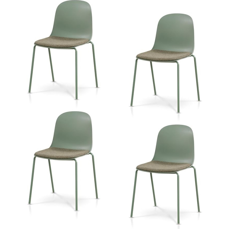 KHG 4 söögitooli komplekt, köögitoolid, virnastatavad, plastikist istmekest koos polstrite ja lamedate kudumiga, metallraam, toon-toon, minimalistlik disain, maksimaalne koormus 120 kg, roheline