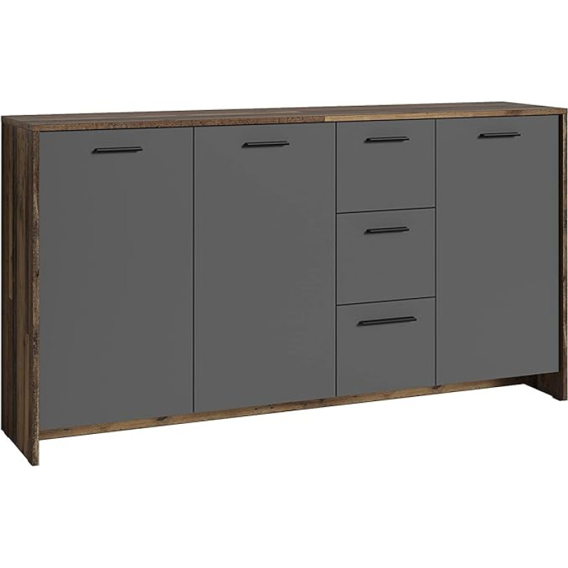 byLIVING Ben/Sideboard 3 ukse ja 3 sahtliga / Vanapuidust kingakapp antratsiidi värvi esipaneelidega / Vanapuidust kapp / Mustad käepidemed B 153 x K 83 x S 35 cm