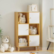 CHOWGOLI raamaturiiul, raamaturiiul, seisev riiul, kuubikujuline riiul 6 sektsiooniga ja 3 uksega, kaasaegses stiilis hoiuriiul, raamaturiiul, valge ja beež, 64,5 x 30 x 109,5 cm