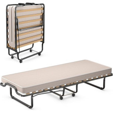 COSTWAY 90 x 200 cm külalisvoodi Memory Foam madratsiga, kokkupandav üheinimesevoodi, tugev metallist voodi kuni 120 kg, kokkupandav voodi ratastel, kokkupandav voodi telkimiseks ja külalistetuppa, kaasaskantav voodi (beež)