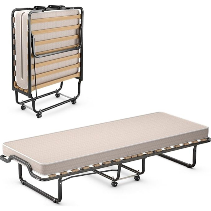 COSTWAY 90 x 200 cm külalisvoodi Memory Foam madratsiga, kokkupandav üheinimesevoodi, tugev metallist voodi kuni 120 kg, kokkupandav voodi ratastel, kokkupandav voodi telkimiseks ja külalistetuppa, kaasaskantav voodi (beež)