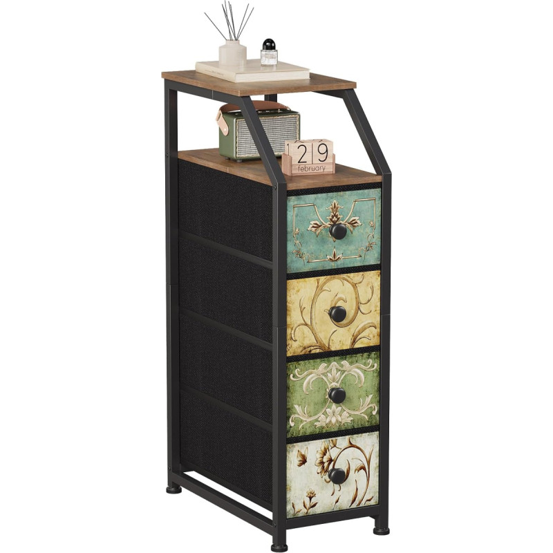 VEDECASA Kangast kapp 4 sahtliga Kõrge kitsas kapp kitsas hoiukapp ülemise riiuliga Vintage lillemotiiviga esikusse magamistuppa elutuppa Stabiilne terasraam puidust ülemine osa