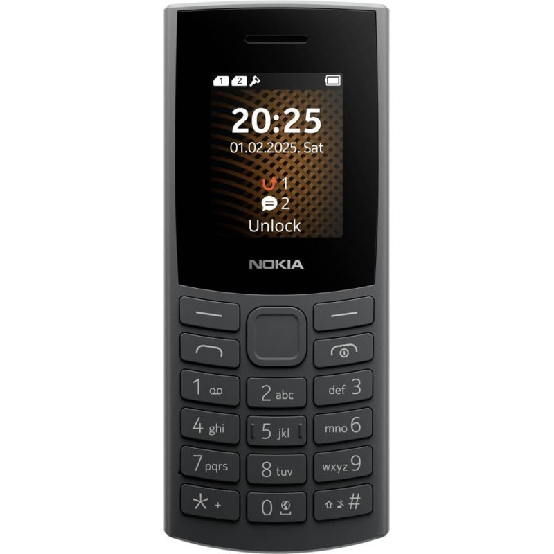 Nokia 105 4G 2nd Edition (2024) (1,77-tolline ekraan, eemaldatav 1450 mAh aku, 128 MB mälu laiendatav, Bluetooth 5.0, USB Type-C, 3,5 mm pistikupesa, Dual SIM, IP54, FM-raadio) Charcoal