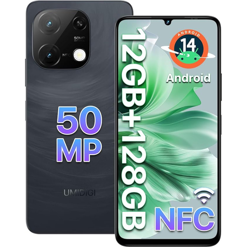 UMIDIGI 50MP nutitelefon ilma lepinguta Android 14-12 (6+6) GB + 128GB mobiiltelefon 6,75-tolline 90Hz ekraan, 5000 mAh, 2,2 GHz protsessor, G9C 4G Dual SIM, sisaldab laadijat, Bluetooth 5.4/Face ID/GPS