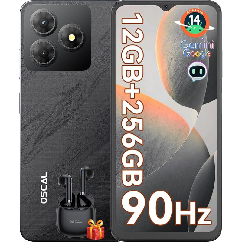 OSCAL Flat 2 nutitelefon Android 14, 12GB RAM + 256GB ROM/1TB-TF Telefono Cellulare, Octa Core, 6,56-tolline HD + 90Hz, 5000mAh, 13MP + 8MP, 4G Dual SIM nutitelefon Offerta Face ID/OTG/GPS