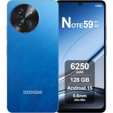 DOOGEE Note59 nutitelefon 5G Android 15, 32GB RAM + 128GB ROM, 6250mAh aku, ekraan 6.75 tolli HD+ 120Hz, AI kaamera 16MP, Octa-Core, Dual SIM, NFC, mobiiltelefon ilma lepinguta, 2025, sinine