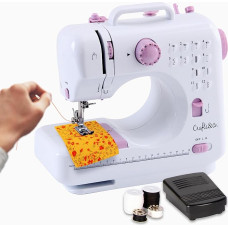 Crafts&Co® õmblusmasin algajatele koos sisseehitatud LED-valguse ja jalapedaaliga | 12 õmblust | Mini õmblusmasin, sh Overlock | Singer | Pfaff | Valge/lilla | Singer | Pfaff | White/Purple