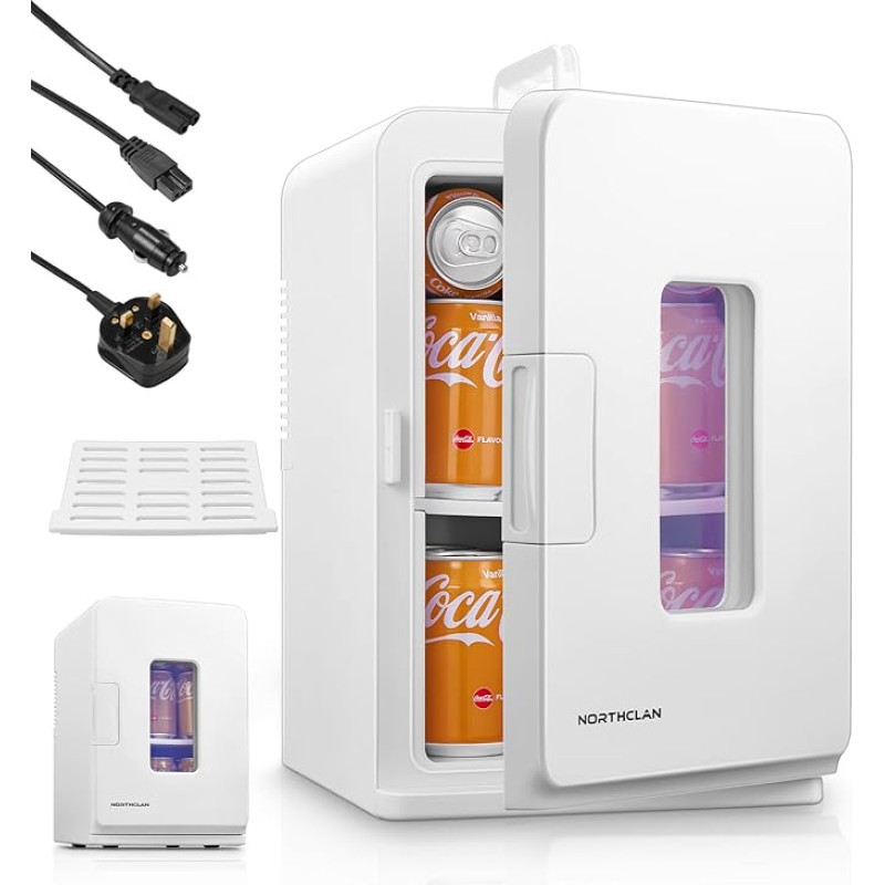 NORTHCLAN 2 in 1 Mini Fridge 15 Litres / 21 Cans, Portable with Cooling and Heating Function, 12 V DC/220 V AC for Cars, Offices and Dormitories, Drinks, Cosmetics, Black, Max & Eco Mode, White