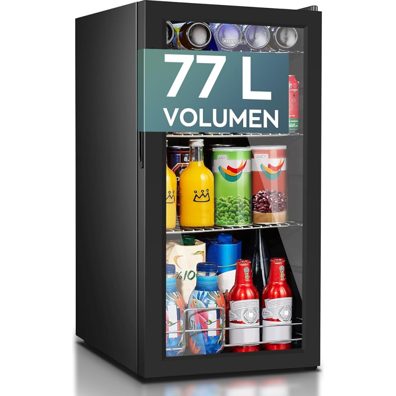 Heinrich´s Drinks fridge, mini fridge with glass door, compact and quiet: 40 dB, LED interior lighting, perfect for office, camping, garden, 5 to 18 °C, (74 litres/3 shelves/40 db)