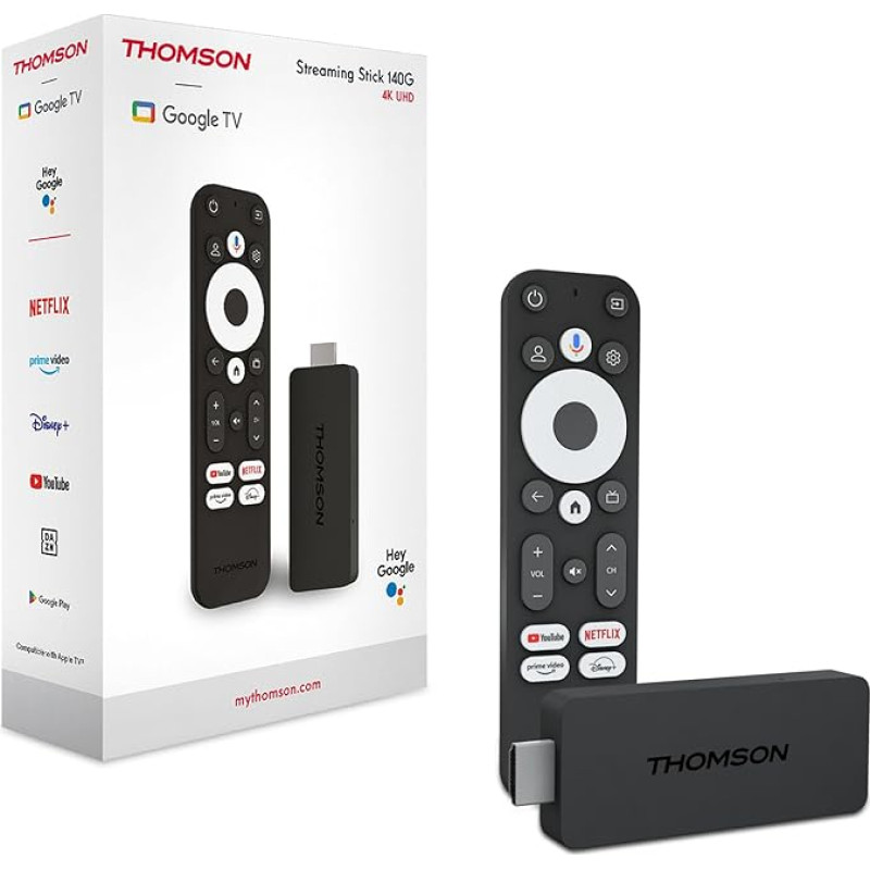 THOMSON Google TV Streaming Stick 140, 4K UHD, Google Assistant, Googlecast, Wi-Fi, Bluetooth 5.0, HDMI, Dolby Atmos, DTS Digital Surround, HDR10, 2 GB RAM, 8 GB mälu