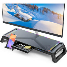 MOOJAY Monitor Stand for Desk Gaming with 4 USB 3.0 Hub and RGB Light, Monitor Riser Foldable Computer Screen Riser with Drawer and Pen Tray for PC/Laptop/iMac - Black
