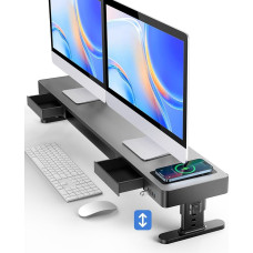meatanty Dual Monitor Stand with 4 Adjustable Heights, Car Charging Pad, 4 USB Ports, Computer Riser with Drawers, Metal Double Desk Organiser, Lifter Riser for 2 Monitors