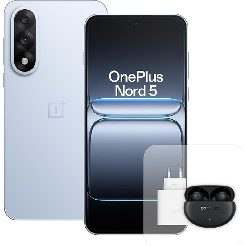 OnePlus Nord 5 nutitelefon 12GB RAM 512GB mälu, 6,83-tolline, 144Hz AMOLED, Snapdragon 8s Gen 3, 5200mAh aku, koos 80W laadijaga ja Nord Buds 3 Pro, sinine